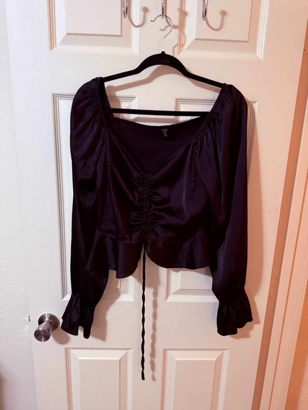 Gorgeous Black Satin Ruched Peplum Long-Sleeve Blouse